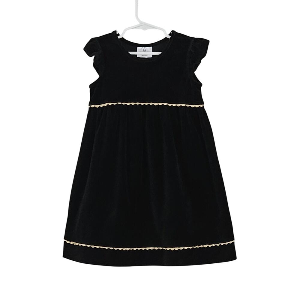 Hanna Andersson Girls Sz 110 Black Velour Dress Gold Metallic Trim Flutter Slve